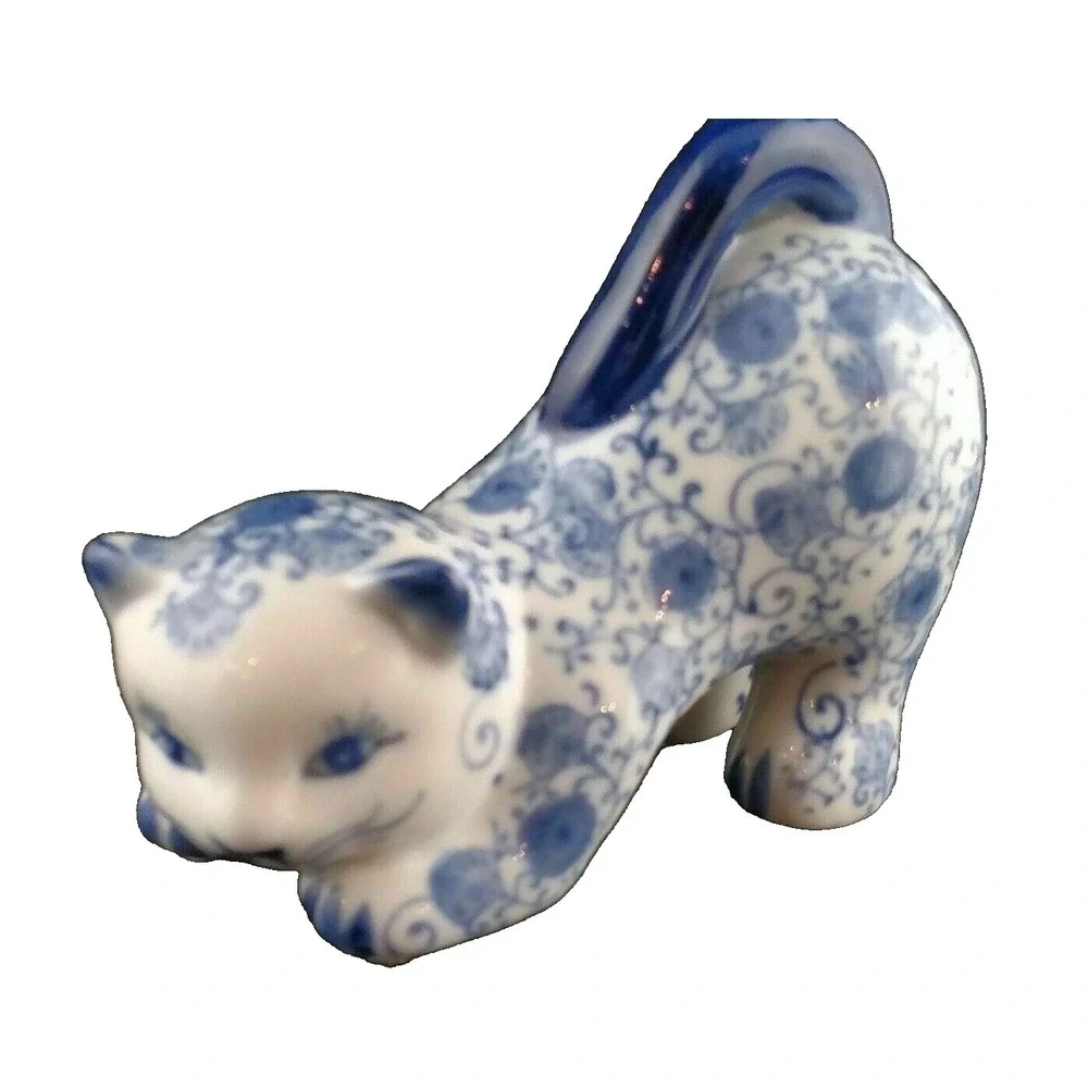 Bombay Company Blue & White Delft Playful Kitty Cat Figurine - Porcelain
